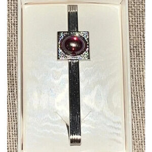 NIB Vintage Hickok Tie Bar Silver Tone Red AB Stone 2.5" New in Box NOS